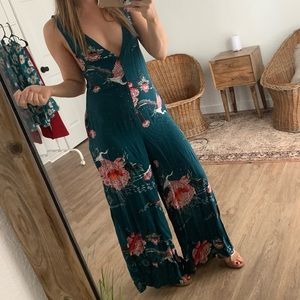 Printed Wide Leg Jumpsuit - Plunge Neck